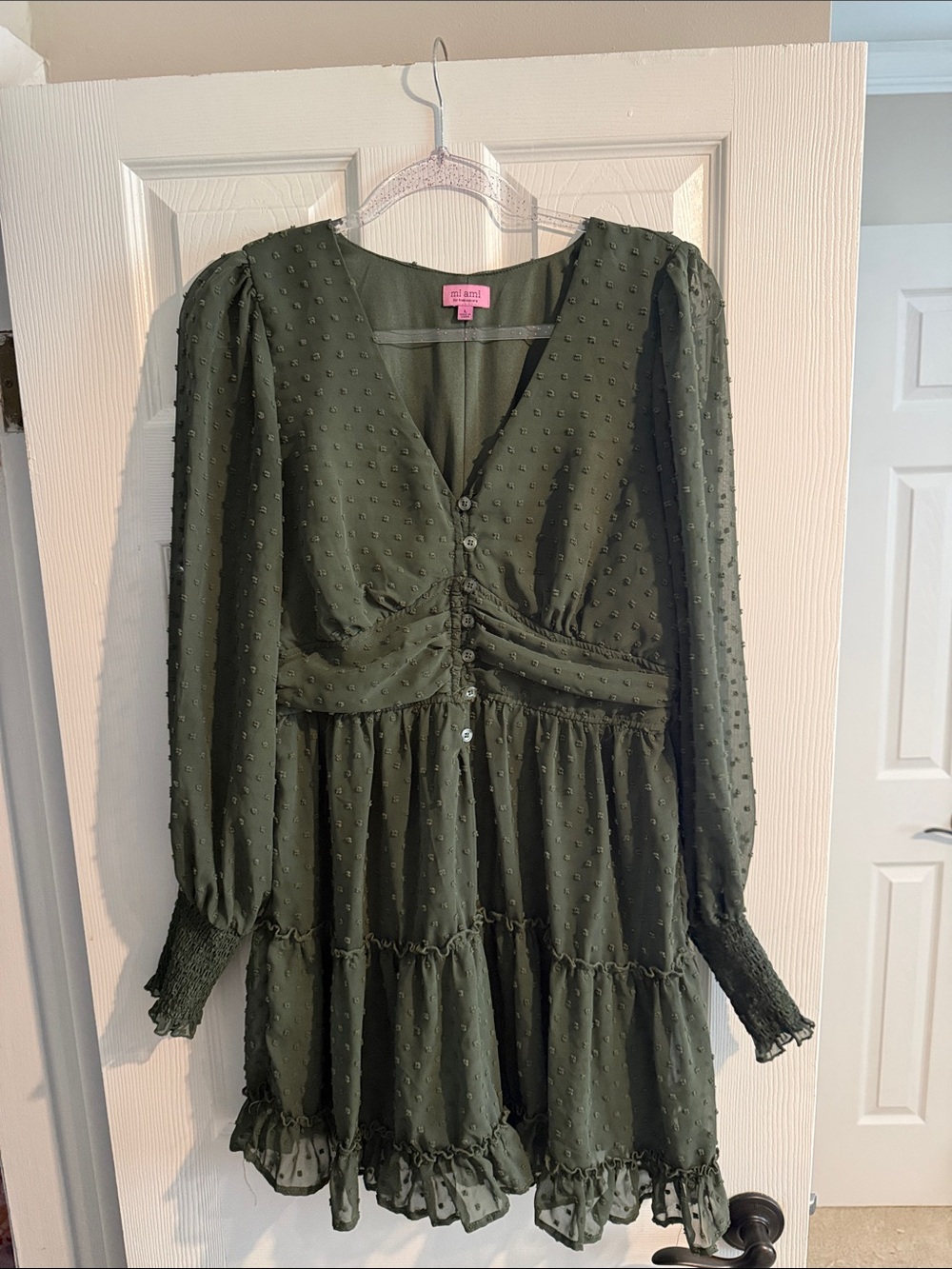 miami Olive Swiss-Dot Long Sleeve Tiered Mini Dress